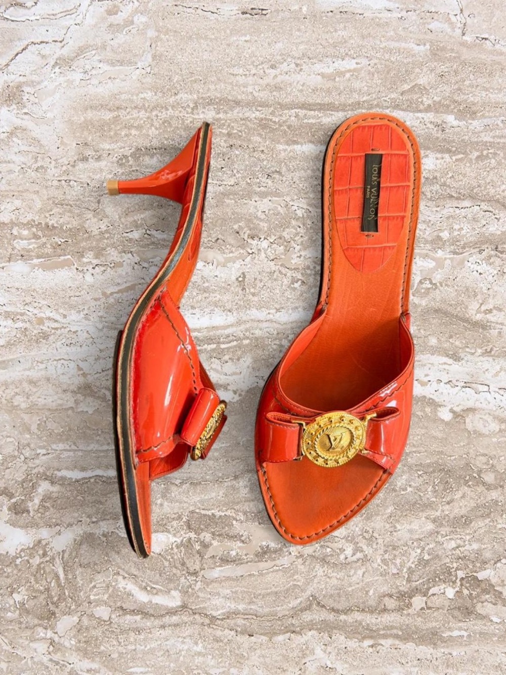 EXTREMELY RARE Louis Vuitton Red Orange Gold Patent Leather Kitten Heels Mules